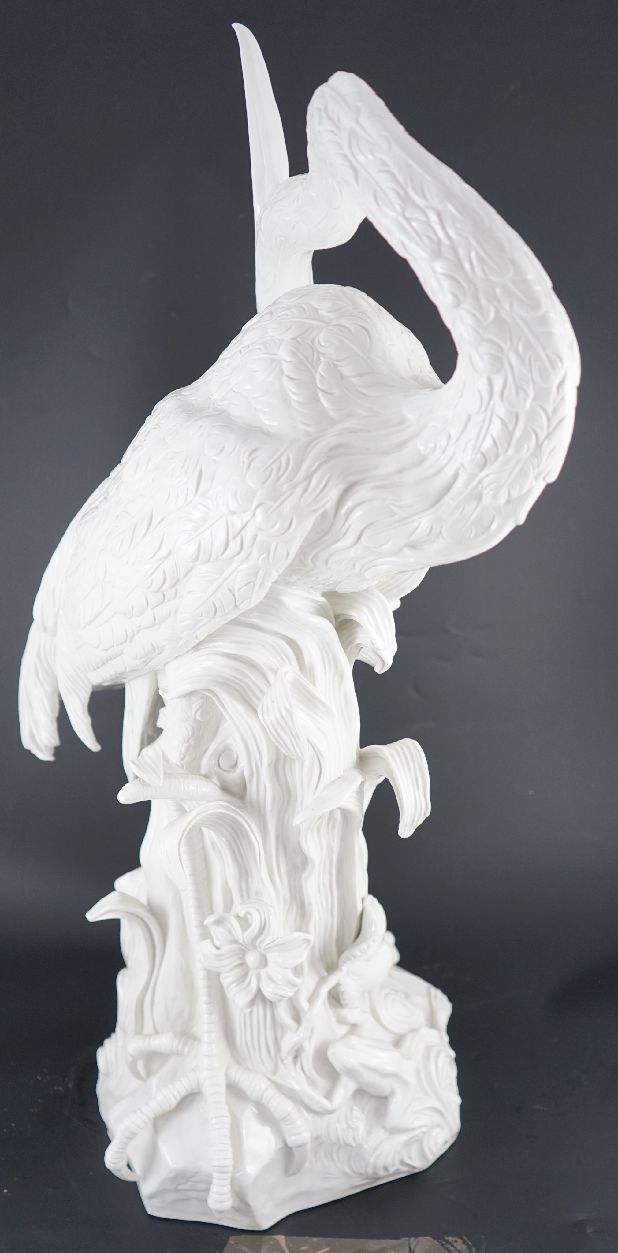 An impressive Meissen white glazed porcelain life size model of a heron, 20th century, after J. J. Kändler, 76.5cm high